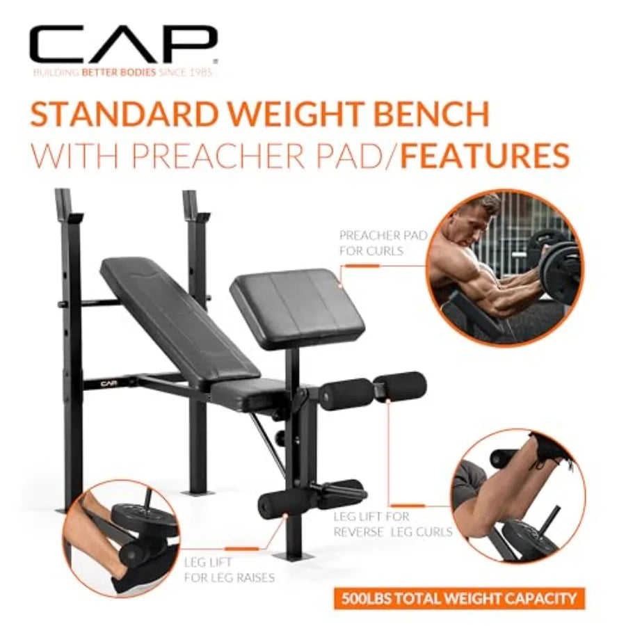 Standard Weight Bench with Preacher Pad Adjustable Bench Press Station with 4 Backrest Positions Leg Developer Steel Frame