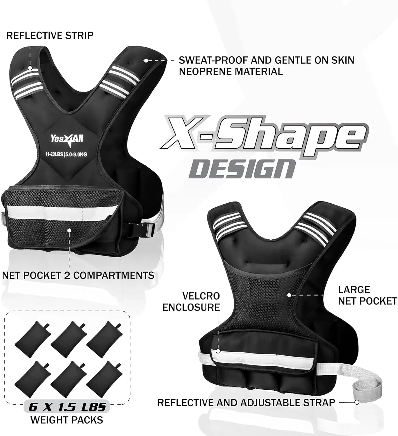 Adjustable Weighted Vest 11-32lbs Reflective Strip for Men & Women Strength Training
