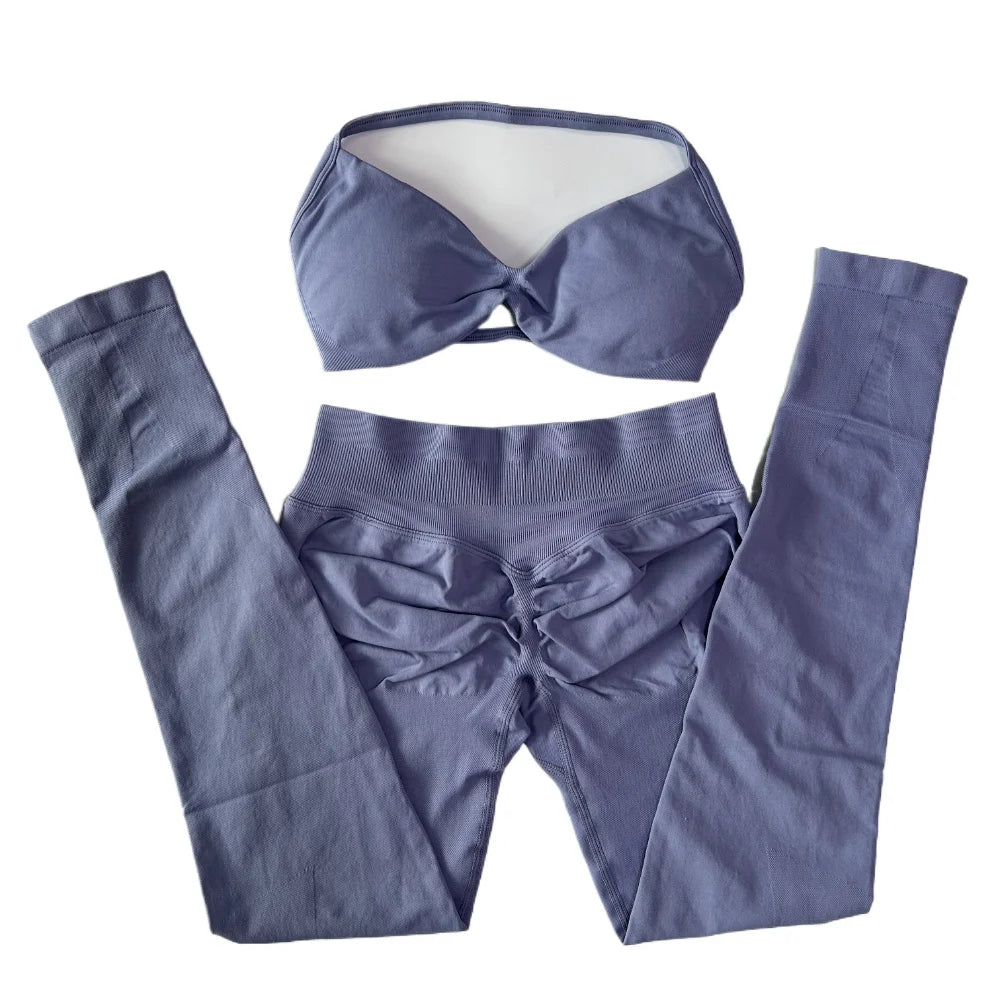 2 Pieces Set For Woman Strappy Yoga Bra Sports Top Workout Leggings Set Seamless Gym Set Fitness Clothes Outfit Activewear