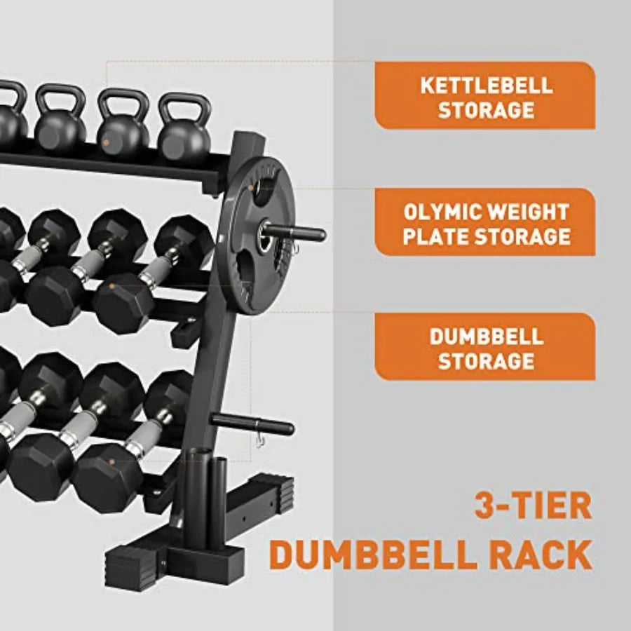 3 Tier Adjustable Width Dumbbell Rack Stand for Dumbbells and Weight Plates Storage Black
