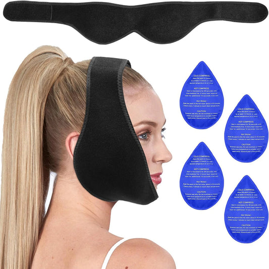 Wisdom Teeth Ice Pack Head Wrap for Pain Relief  Cold Hot Therapy for Face Jaw & Oral Surgery with 4 Gel Packs, Tooth Extraction