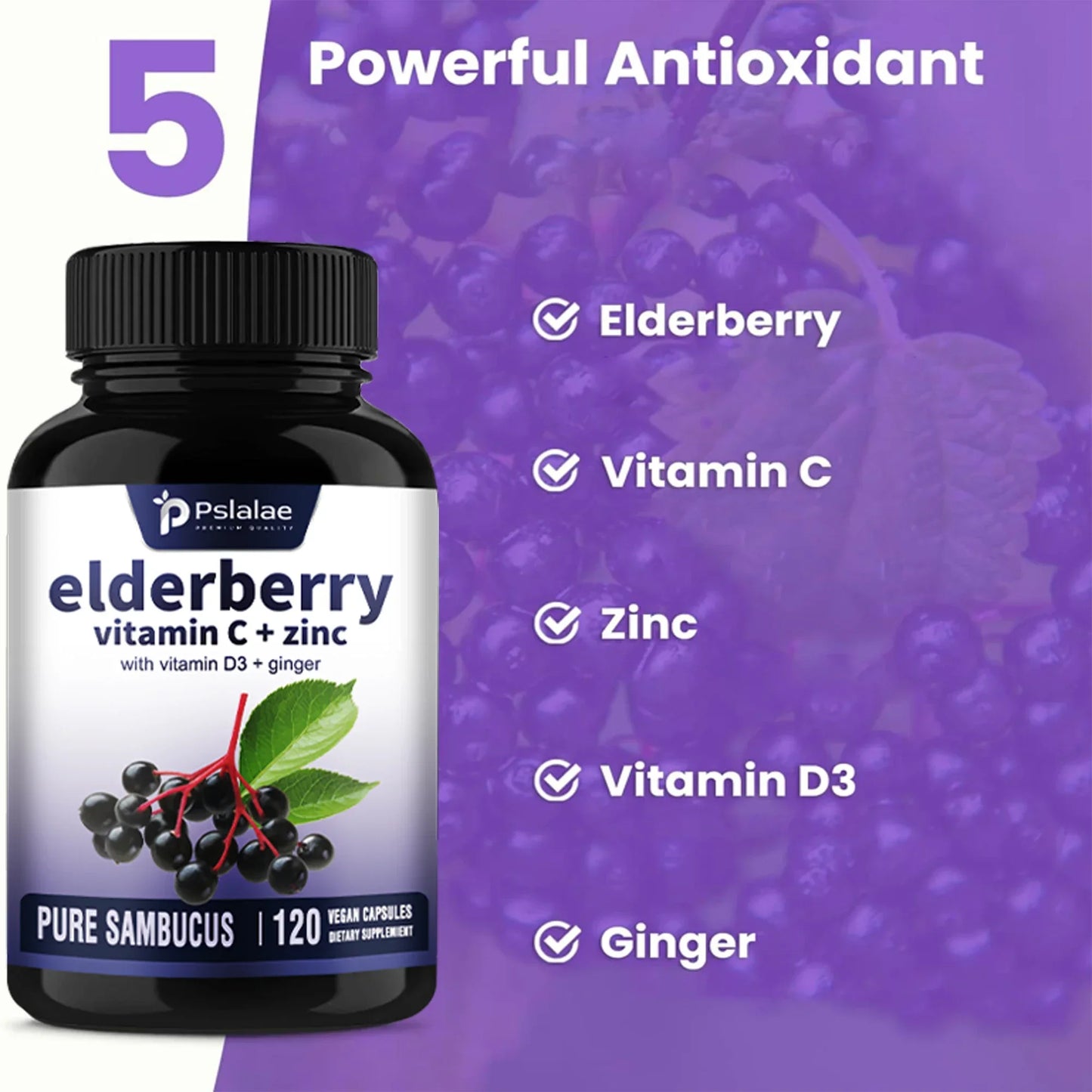 Elderberry, Vitamin C + Zinc - Supports The Immune System, Antioxidant Properties, Promotes Energy Production - 120 Capsules