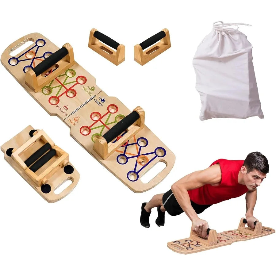 Foldable Wooden Push Up Board Portable 14-in-1 Muscle Builder with Graphics Guide and 2 Solid Wood Handles in Natural Finish fo