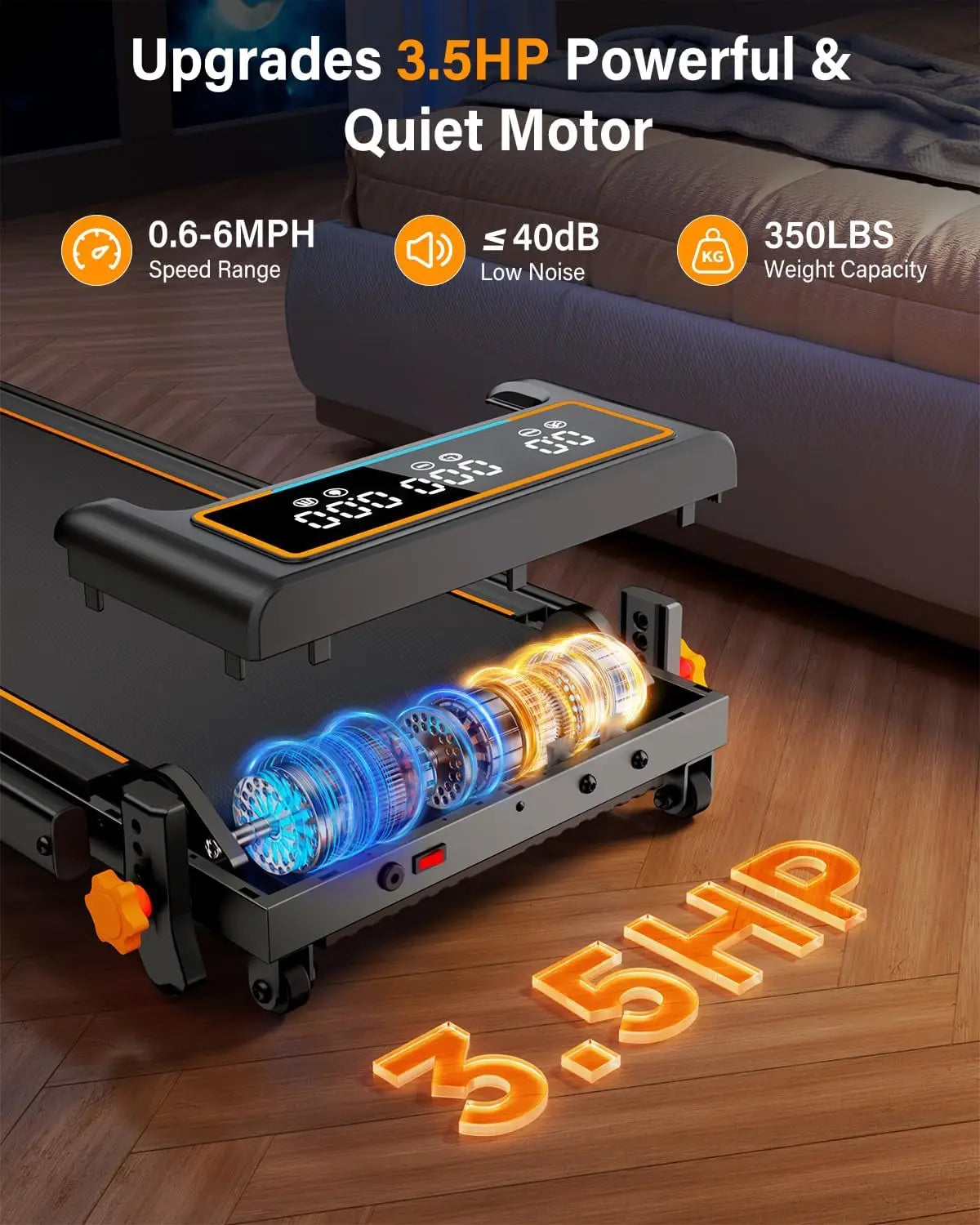 Treadmill Walking Pad with 15% Incline/Handle Bar/2 LED Display, 3.5HP Foldable Walking Pad Treadmill 350+lb RGB Light