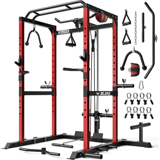 Power Cage, Multi-Function Power Rack with Adjustable Cable Crossover System, 2000LBS Squat Rack for Home Gym with More Training