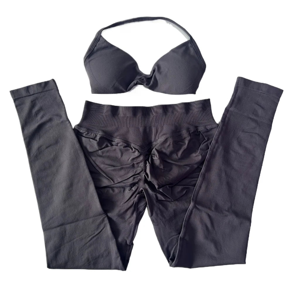 2 Pieces Set For Woman Strappy Yoga Bra Sports Top Workout Leggings Set Seamless Gym Set Fitness Clothes Outfit Activewear