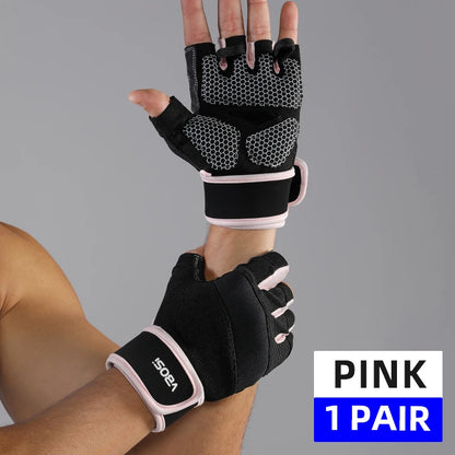 VBOSi Anti-Slip Silicone Breathable Half Finger Sports Gloves for Deadlift Wrist Support with Adjustable Straps for Women Men