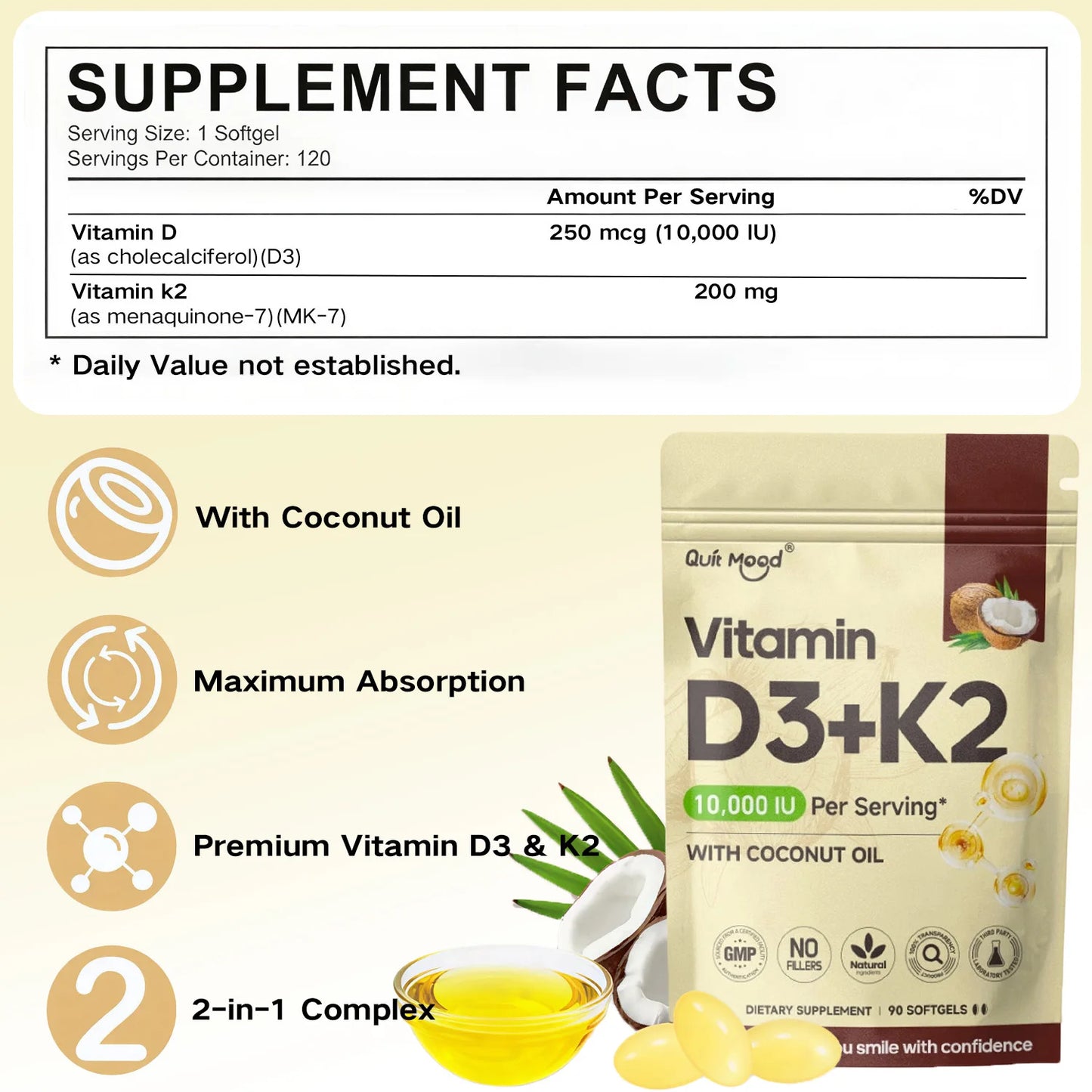 Vitamin D3K2，assists calcium absorption, trace ingredient vitamin supplement soft capsule