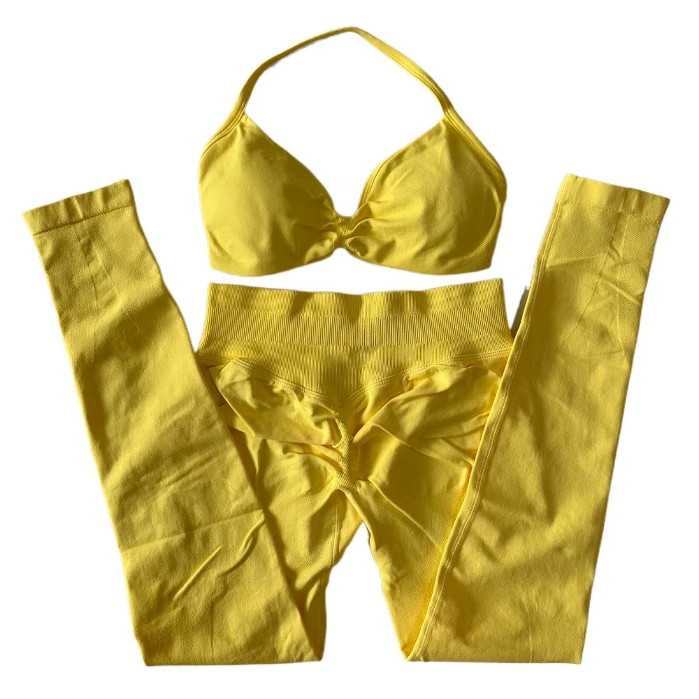 2 Pieces Set For Woman Strappy Yoga Bra Sports Top Workout Leggings Set Seamless Gym Set Fitness Clothes Outfit Activewear