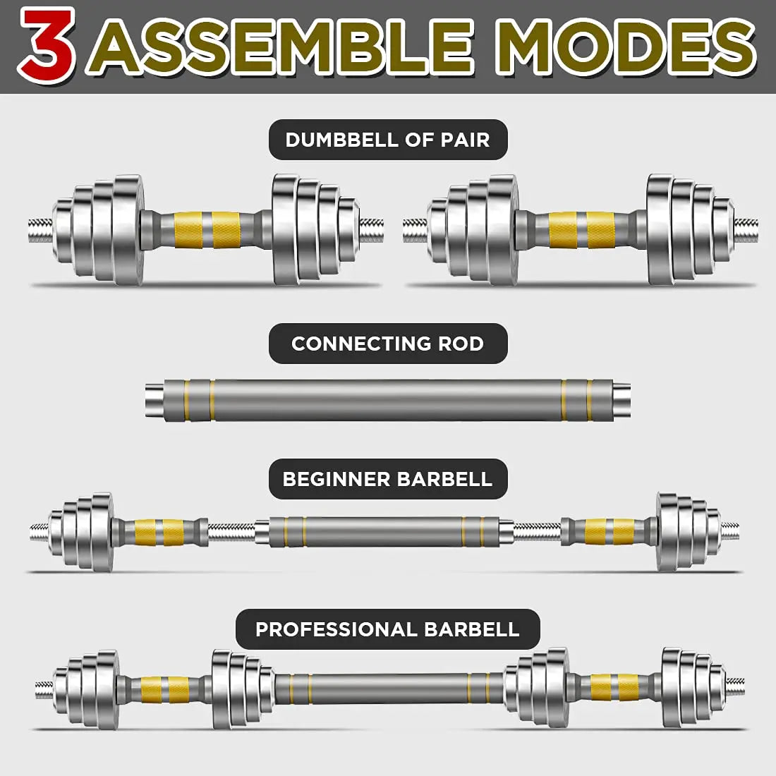 3-in-1 Adjustable Dumbbell Set 44-88 LBS - Barbell & Dumbbells with Connecting Rod for Home Gym Workout