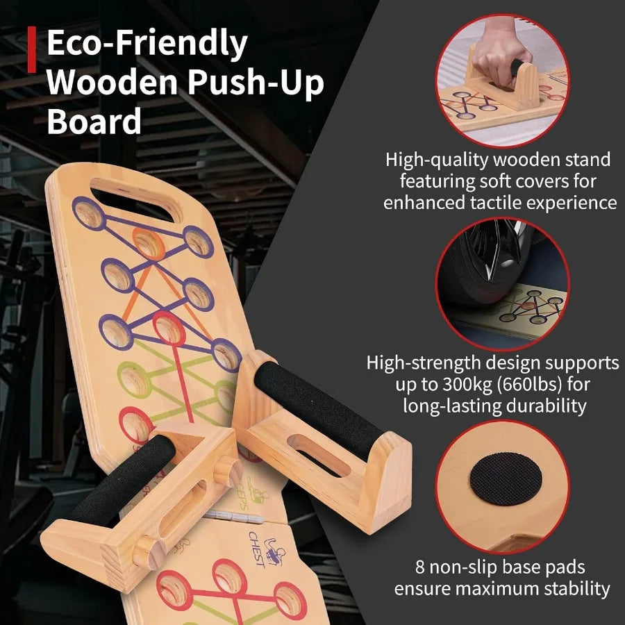 Foldable Wooden Push Up Board Portable 14-in-1 Muscle Builder with Graphics Guide and 2 Solid Wood Handles in Natural Finish fo