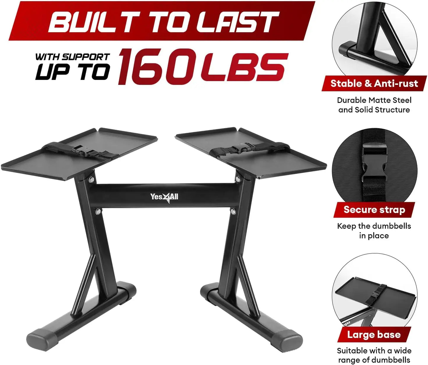 Adjustable Dumbbell Stand with 160lb Capacity, Spotter Rack & Strap for Easy Storage and Safety