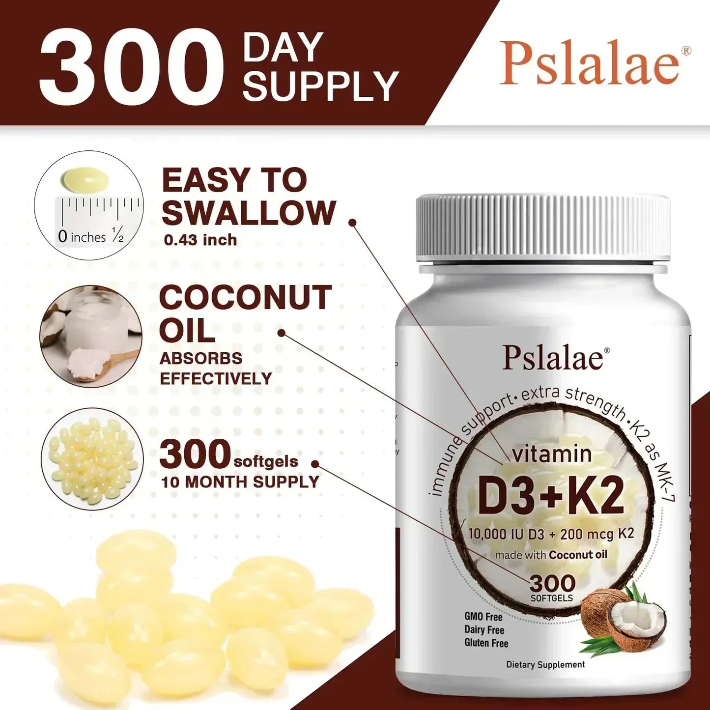 Vitamin D3 K2 Supplement - Helps Maintain Bone Health and Immune Health, Promotes Absorption and Enhances Body Immunity