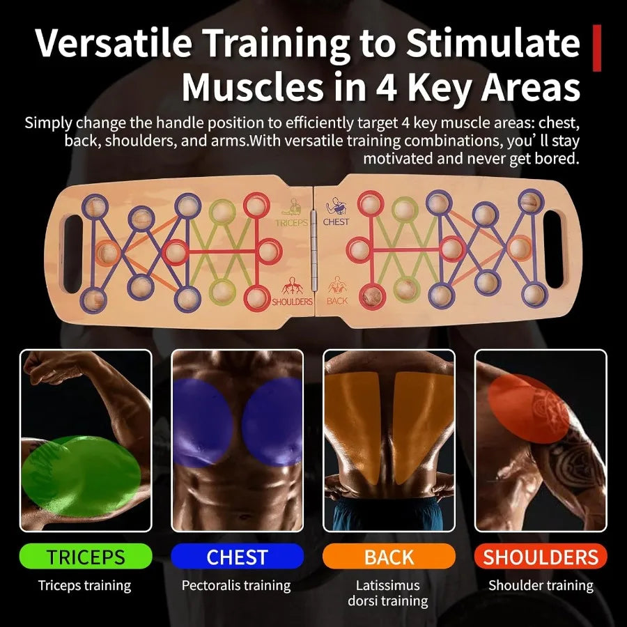 Foldable Wooden Push Up Board Portable 14-in-1 Muscle Builder with Graphics Guide and 2 Solid Wood Handles in Natural Finish fo