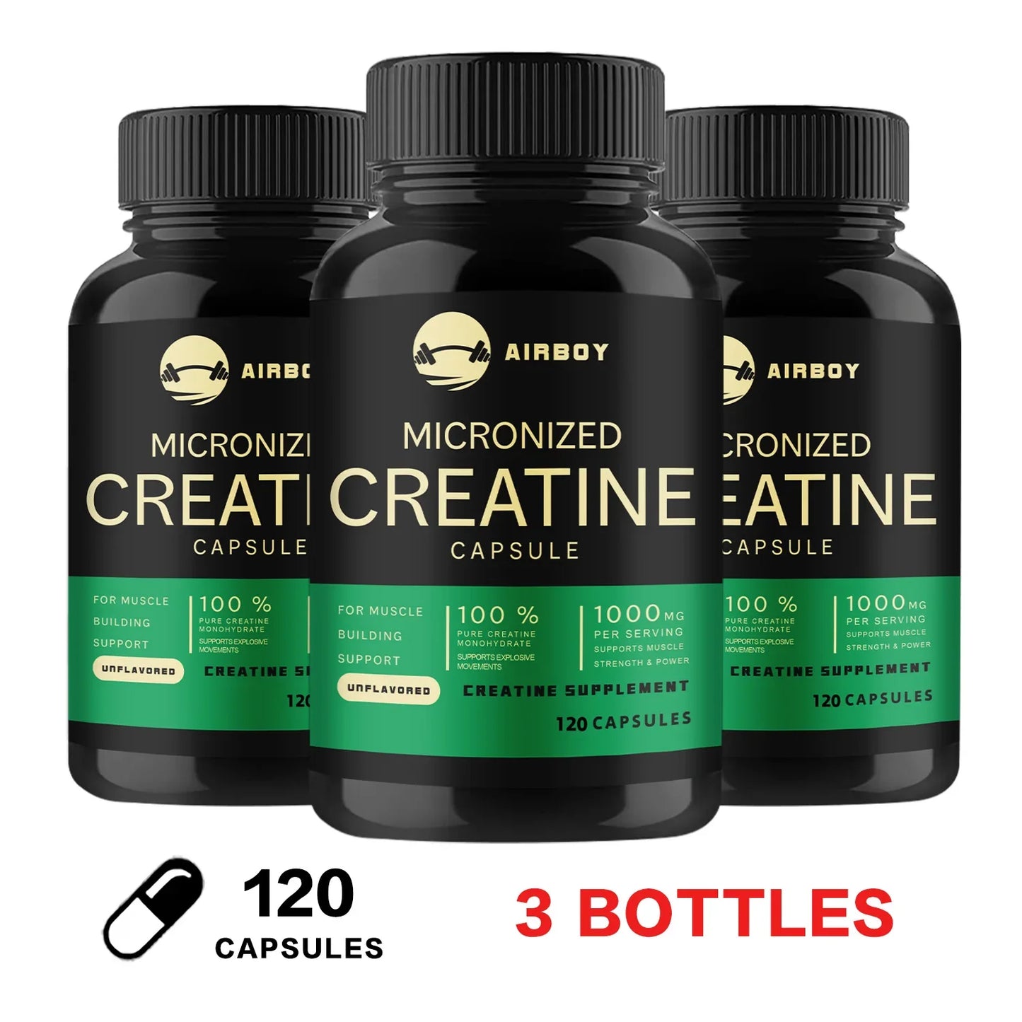 Creatine Monohydrate Capsules - Strength, Muscle, Performance Supplement for Men and Women, Non-GMO and Gluten-Free
