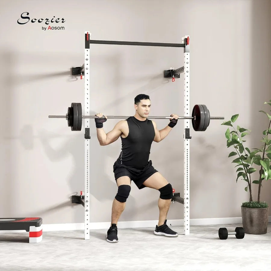 Folding Squat Rack with Adjustable Pull-Up Bar, 1000 Pounds Capacity Wall Mounted Power Rack, Adjustable Barbell Rack with J Hoo