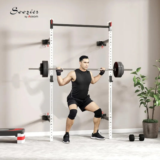 Folding Squat Rack with Adjustable Pull-Up Bar, 1000 Pounds Capacity Wall Mounted Power Rack, Adjustable Barbell Rack with J Hoo