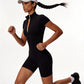 Half Zipper Yoga Bodysuit for Women - Stand Up Collar One Piece Tight Fit Waist Cinching Jumpsuit Quick Dry Gym Workout