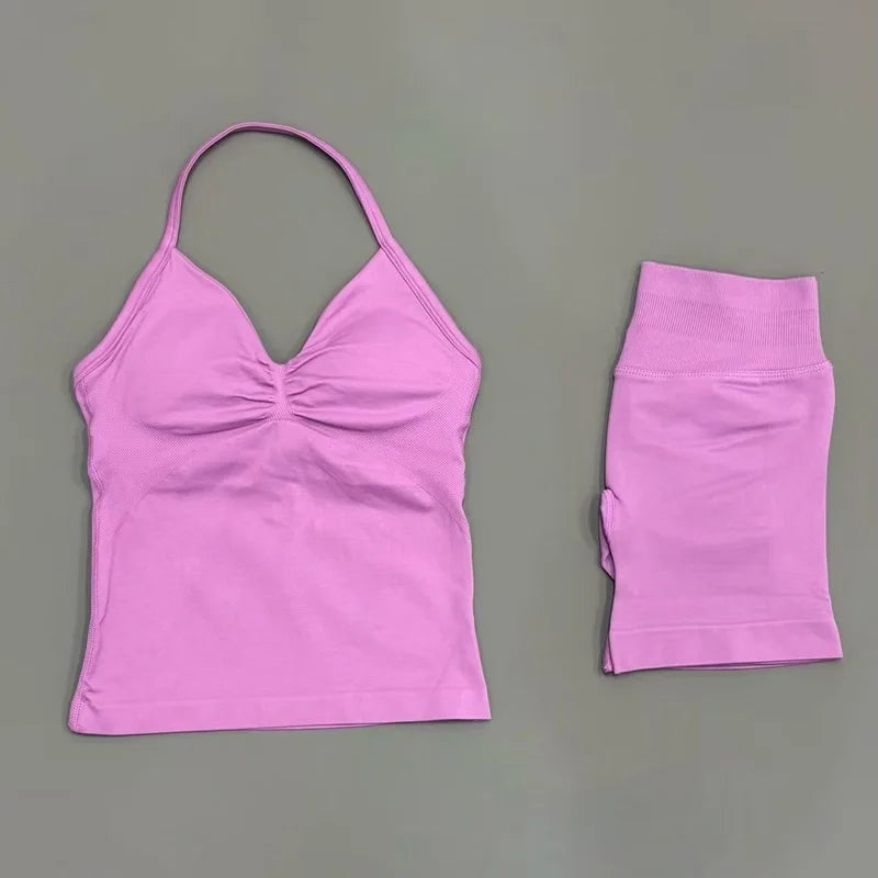 Yoga 2 Pieces Gym Set Women Backless Halter Tops High Waist Seamless Shorts Gym Suit Fitness Sports Bras Sportswear Workout Sets