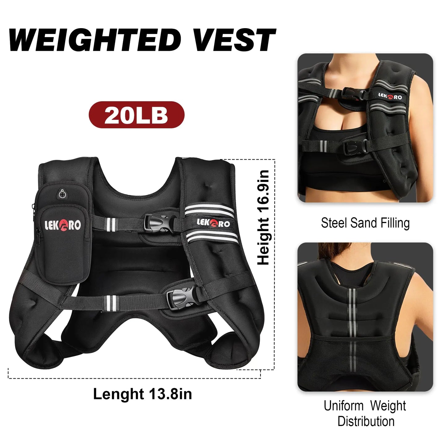 Weighted vest for men and women with reflective strips for exercise, strength training, running, and walking