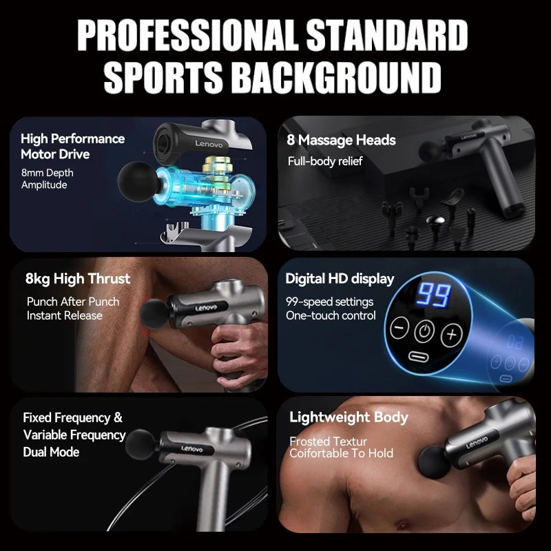 Lenovo Powerful Wireless Massager Gun 8 Massage HeadsRechargeable Shoulder Back Neck Waist Leg Electric Fascia Gun