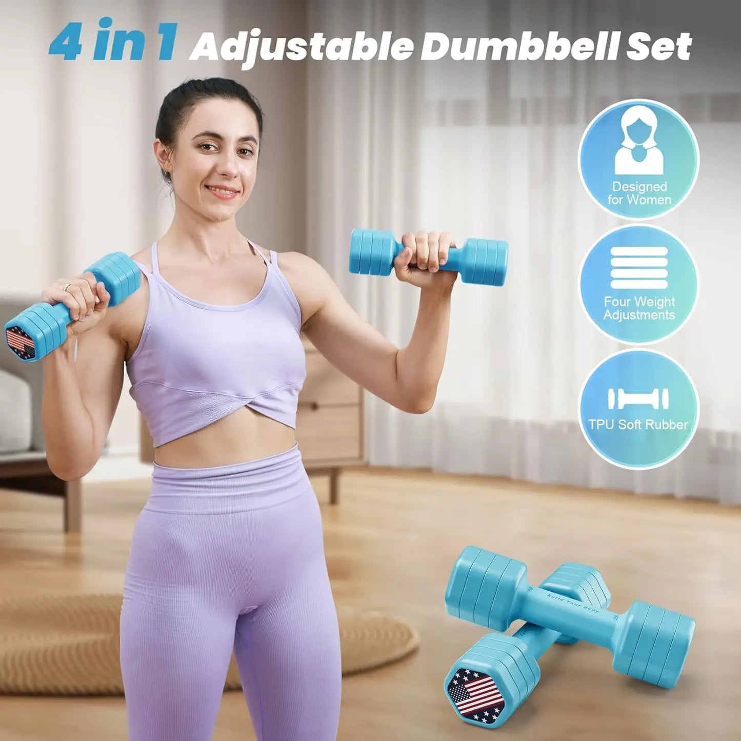Adjustable Dumbbell Set for Women, 4-in-1 Hand Weights, 2-5 lbs Each with Soft Rubber Handle for Home Gym Training