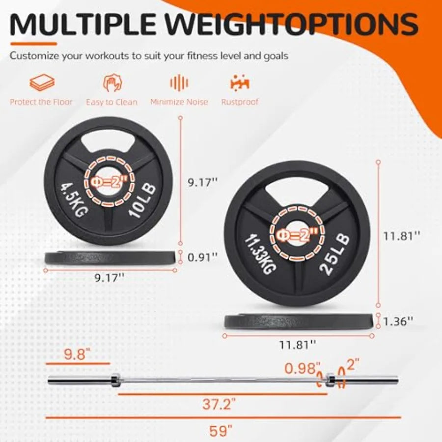 2-Inch Cast Iron Barbell Set Including Multiple LBS Weight Plates and 6FT Barbell Set Multiple