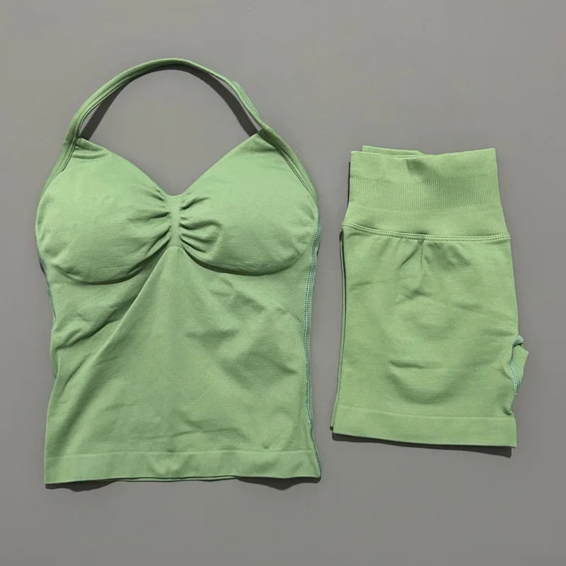 Yoga 2 Pieces Gym Set Women Backless Halter Tops High Waist Seamless Shorts Gym Suit Fitness Sports Bras Sportswear Workout Sets