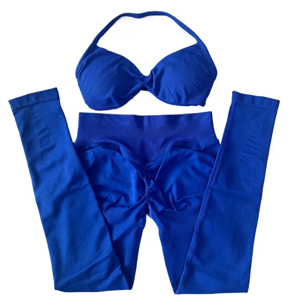 2 Pieces Set For Woman Strappy Yoga Bra Sports Top Workout Leggings Set Seamless Gym Set Fitness Clothes Outfit Activewear