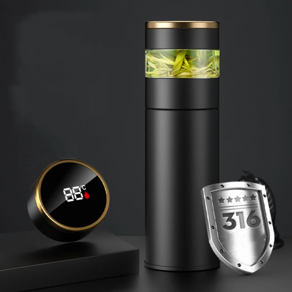 Thermos For Tea and Water With Separate Tea Infuser Smart Led TEMPERATURE DISPLAY 316 Stainless Steel Water Bottle Teaware 450ML