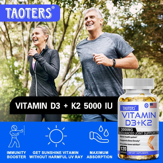 Vitamin D3+K2 Capsules - Helps Regulate Calcium Metabolism and Supports Teeth, Bones, Heart Health, Joint Health, and Immunity