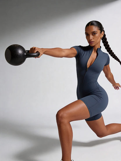 Half Zipper Yoga Bodysuit for Women - Stand Up Collar One Piece Tight Fit Waist Cinching Jumpsuit Quick Dry Gym Workout