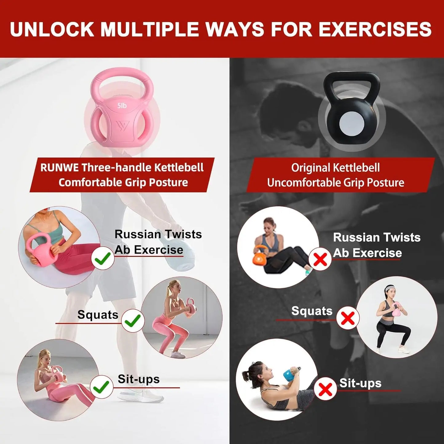 3-Handle Kettlebell Weights for Women: 5-20 LB Options, Ideal for Russian Twists, Weightlifting & Core Fitness at Home