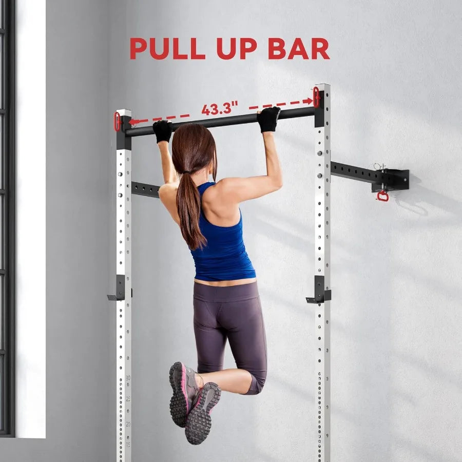 Folding Squat Rack with Adjustable Pull-Up Bar, 1000 Pounds Capacity Wall Mounted Power Rack, Adjustable Barbell Rack with J Hoo