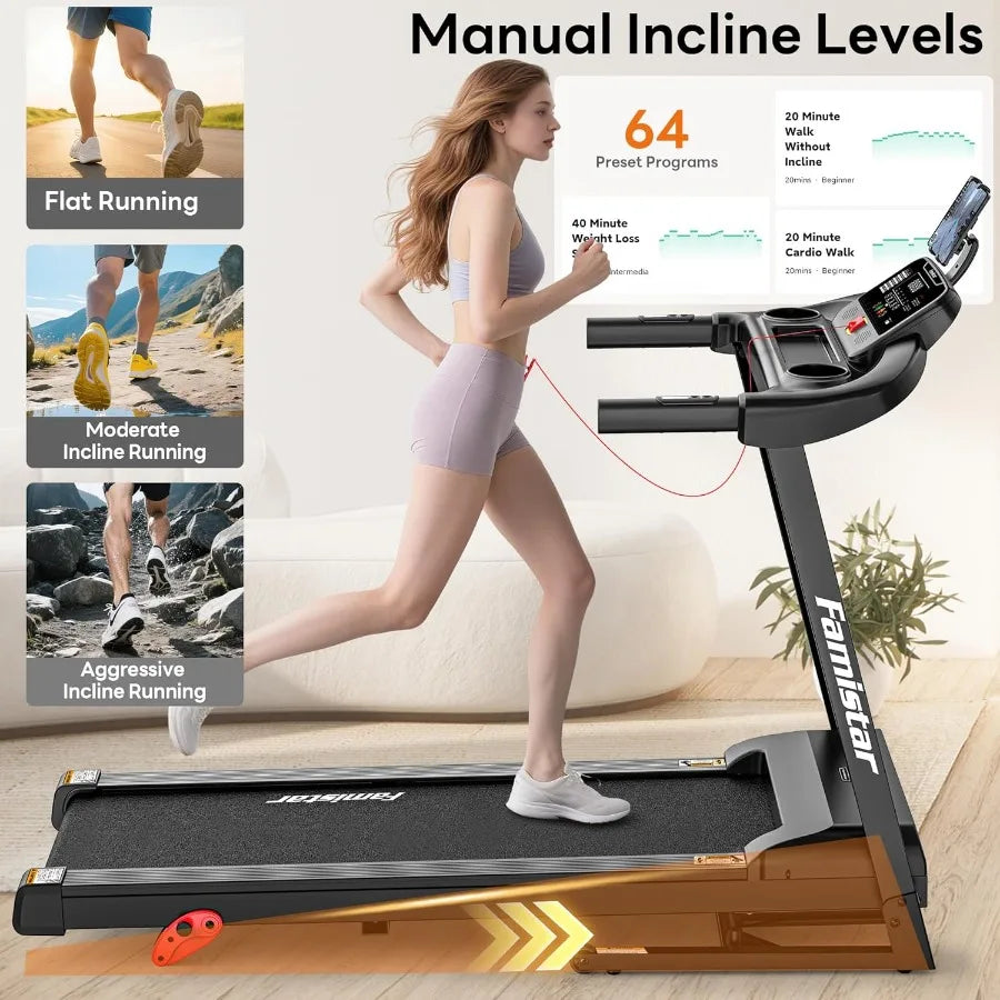 Treadmill with Incline for Home, Folding Treadmill with 300LBS Capacity, 7.5MPH, 16'' Wide Belt, 64 Programs, Shock Absorption,