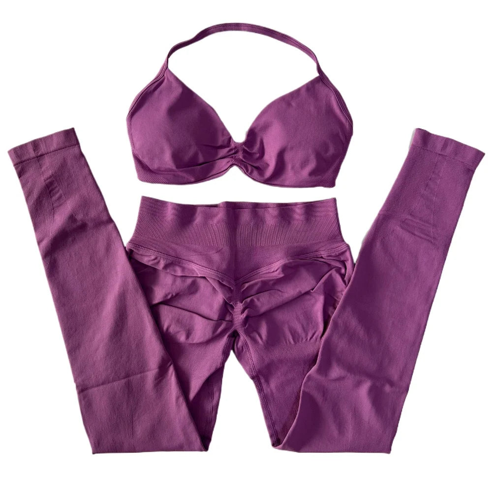 2 Pieces Set For Woman Strappy Yoga Bra Sports Top Workout Leggings Set Seamless Gym Set Fitness Clothes Outfit Activewear