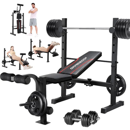 Weight Bench Set Multi-Function Adjustable Bench Press with Squat Rack Leg Extension Leg Curl Workout Bench Foldable Workout Be
