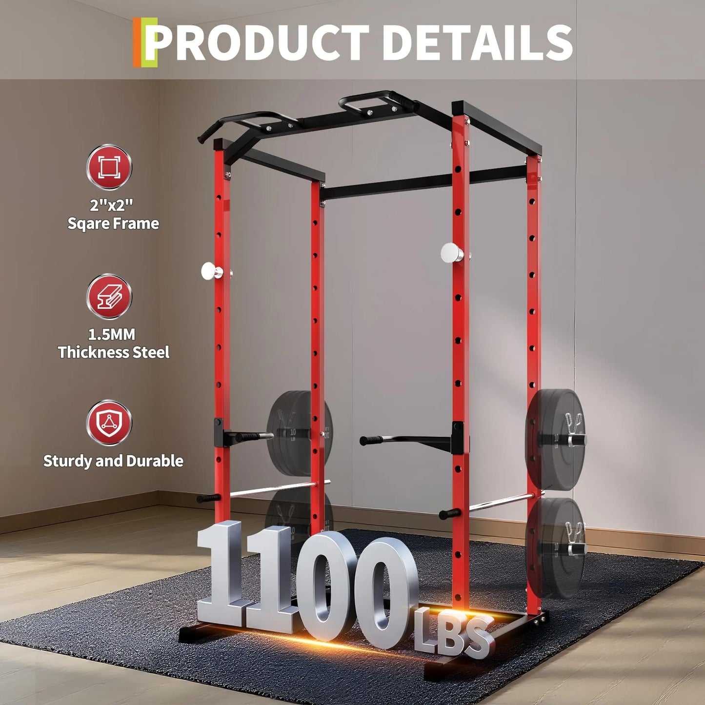 Heavy Duty Power Cage For Home Gym, 1100LBS Capacity Multifunctional Squat Rack With Dip Bars & Adjustable Safety Bars