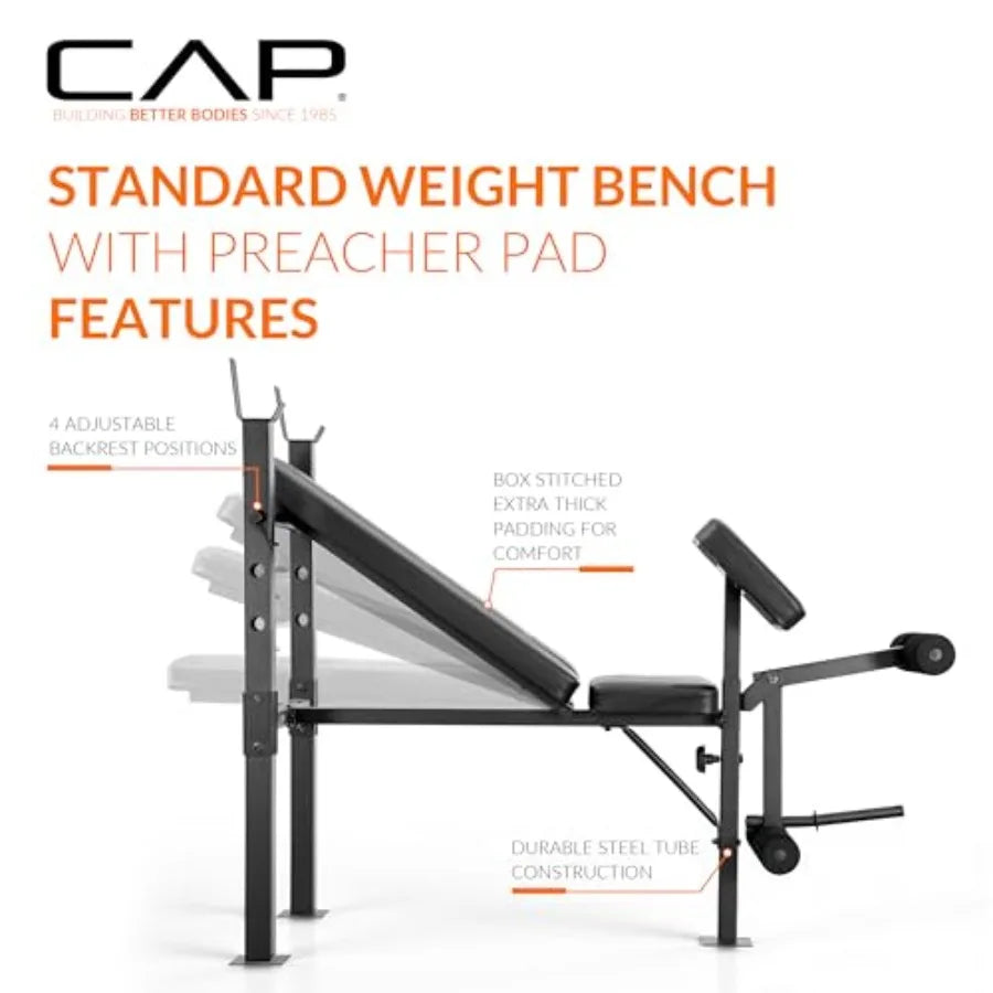 Standard Weight Bench with Preacher Pad Adjustable Bench Press Station with 4 Backrest Positions Leg Developer Steel Frame