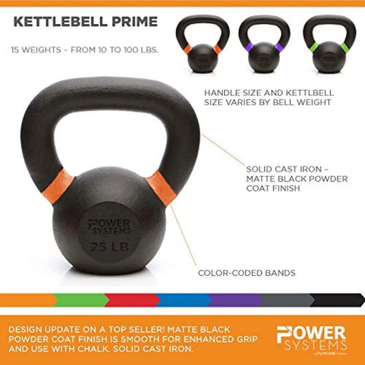 Power Systems Kettlebell Prime 50lb Steel Adjustable Weight for Strength Training with Durable Coating in Black