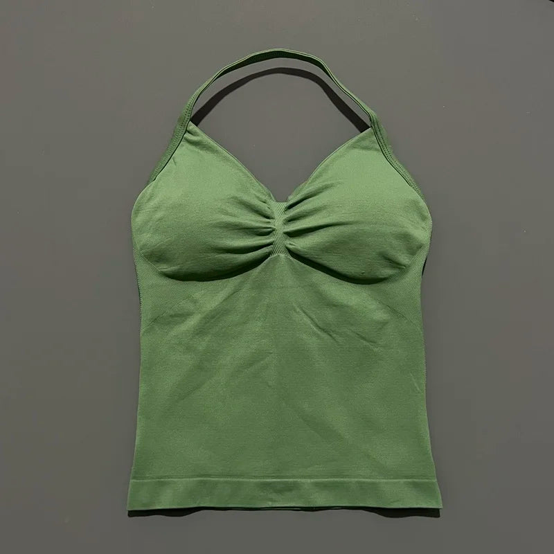 Gym Halter Top Woman Longline Strappy tank Padded Yoga Clothing Removable Cups Yoga Tank Tops Fitness Workout Running Activewear