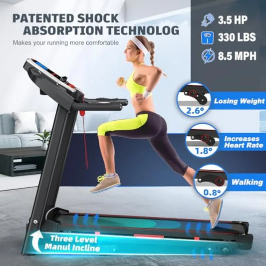 Folding Treadmill with Incline for Home 330 lbs Weight Capacity 3.5HP Quiet Motor 3Level Adjustable Incline Wide Running Belt 4