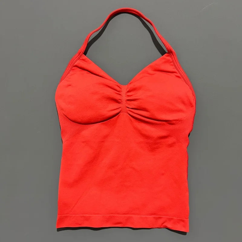 Gym Halter Top Woman Longline Strappy tank Padded Yoga Clothing Removable Cups Yoga Tank Tops Fitness Workout Running Activewear