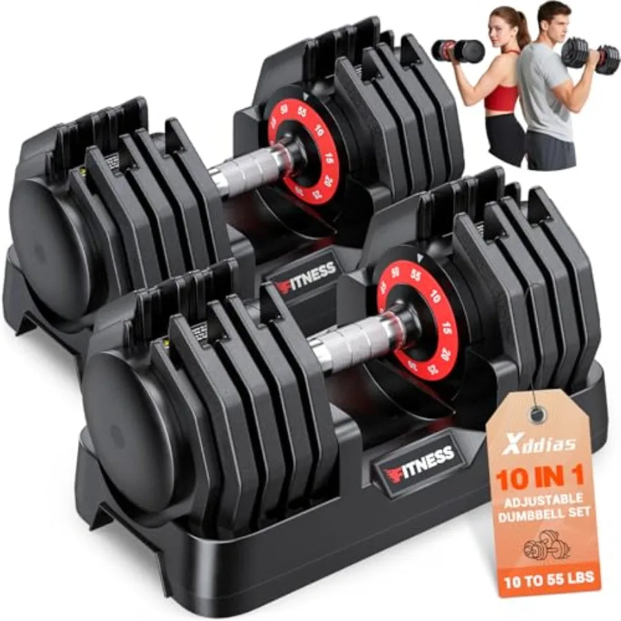 Adjustable Dumbbell Set of 2 25/55/80LB Fast Adjust Weights with Anti-Slip Metal Handle Compact Home Gym Equipment for M