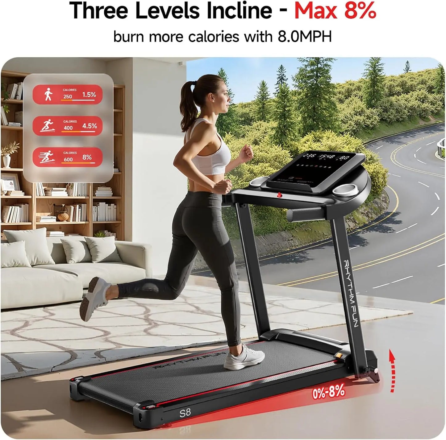 8.0 MPH Foldable Treadmill for Home, Incline up to 8%, Low Noise Walking Pad Supports 300 lbs