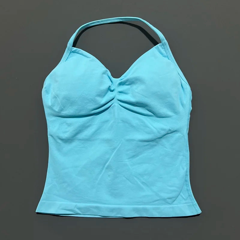 Gym Halter Top Woman Longline Strappy tank Padded Yoga Clothing Removable Cups Yoga Tank Tops Fitness Workout Running Activewear