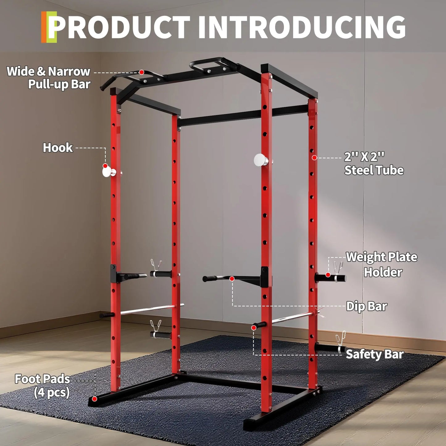 Heavy Duty Power Cage For Home Gym, 1100LBS Capacity Multifunctional Squat Rack With Dip Bars & Adjustable Safety Bars