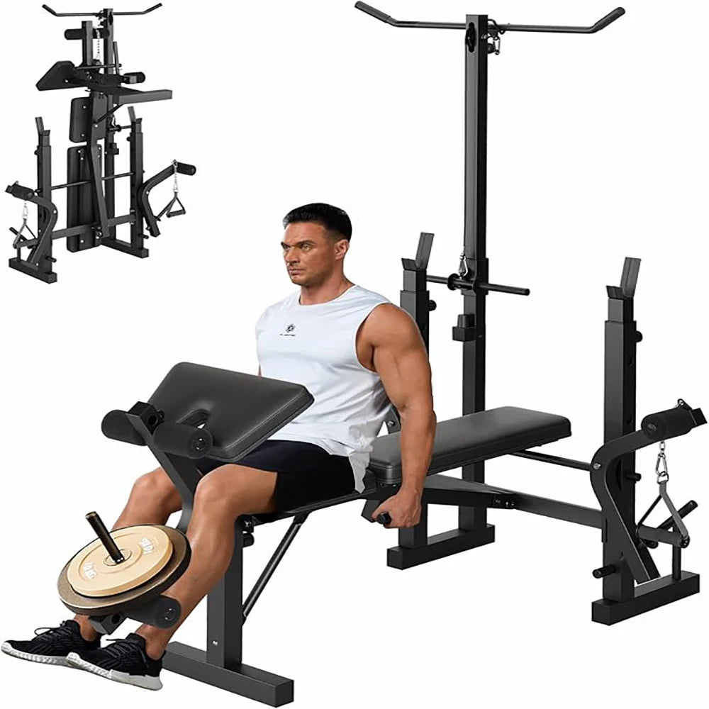 7 IN 1 Weight Bench Set with Squat Rack, Adjustable Bench Press Set with Leg Extensions, Foldable Workout Bench for Home Gym