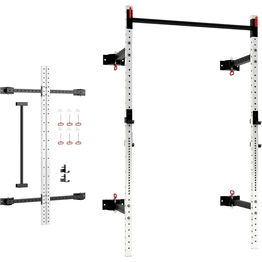 Folding Squat Rack with Adjustable Pull-Up Bar, 1000 Pounds Capacity Wall Mounted Power Rack, Adjustable Barbell Rack with J Hoo