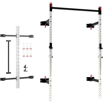Folding Squat Rack with Adjustable Pull-Up Bar, 1000 Pounds Capacity Wall Mounted Power Rack, Adjustable Barbell Rack with J Hoo
